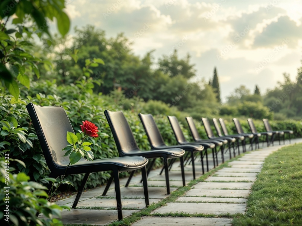 Peaceful park scene with modern benches, red rose on one bench, lush greenery, and soft cloudy sky, creating a serene and calming atmosphere Peaceful park scene with modern benches, red rose on one bench, lush greenery, and soft cloudy sky, creating a serene and calming atmosphere