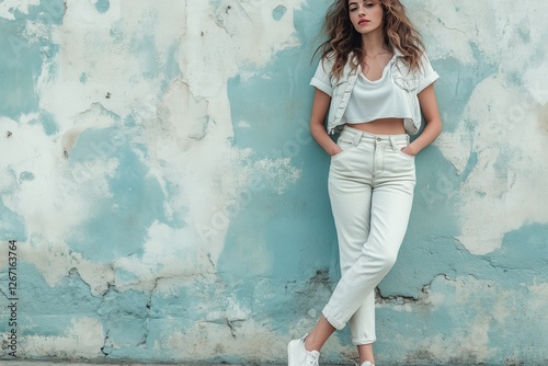 Beautiful woman posing confidently in a sunny urban setting in summer attire