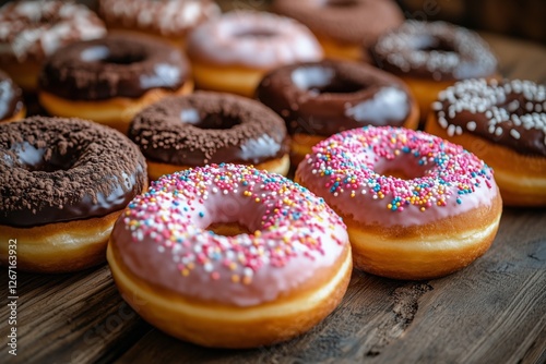 Colorful assortment of donuts with various toppings on a wooden surface