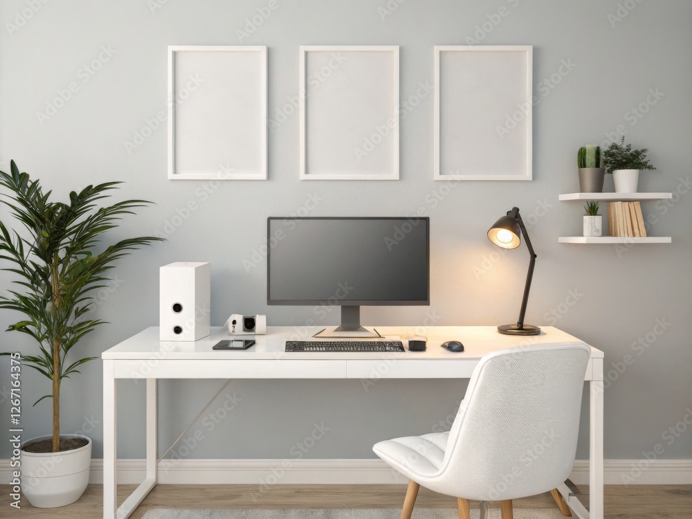 Modern Minimalist Home Office Workspace with Empty Frames Modern Minimalist Home Office Workspace with Empty Frames