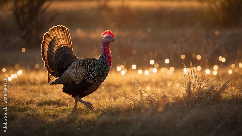A turkey walks through a sunlit field, showcasing its colorful plumage. A turkey walks through a sunlit field, showcasing its colorful plumage.