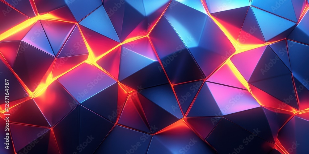 Abstract Fractured Geometric Shapes with Vivid Neon Red and Blue Illumination Abstract Fractured Geometric Shapes with Vivid Neon Red and Blue Illumination