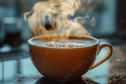 Warm cup of coffee with steam rising in a cozy cafe setting during morning hours