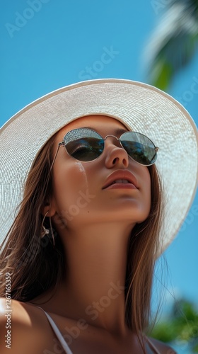 Woman enjoying a sunny day at the beach wearing a wide-brimmed hat and sungla...