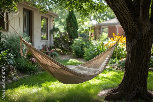Relaxing hammock nestled between trees in a tranquil garden during sunset hours