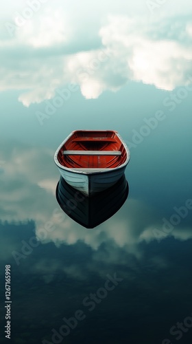 Tranquil small boat floating on calm waters with reflection of the sky and cl...