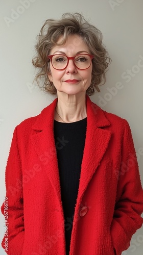 Young woman with glasses wearing a red jacket poses in front of a brick wall