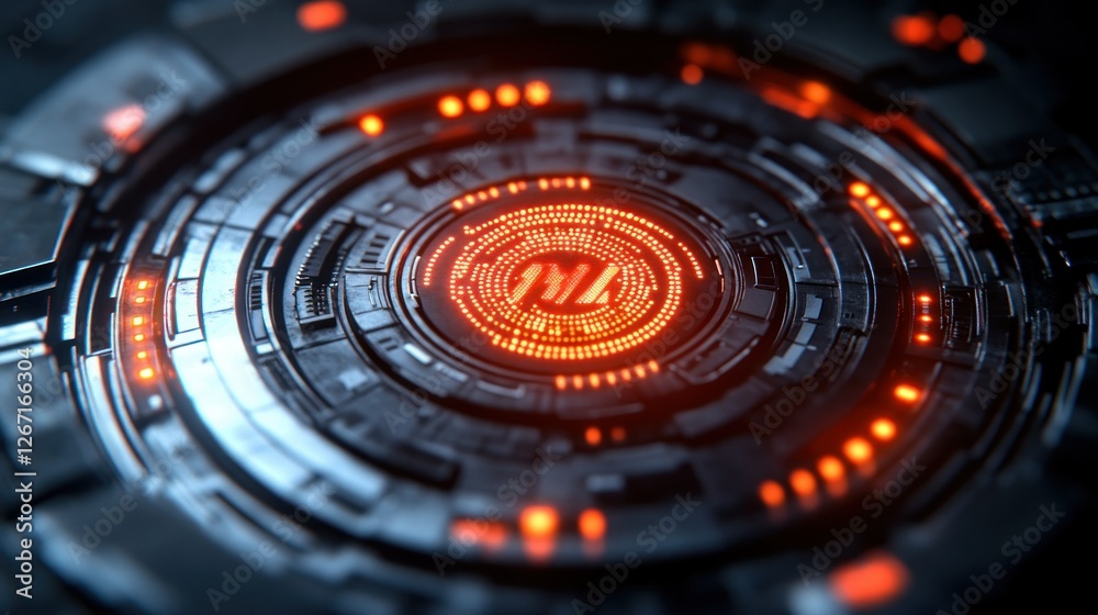 Circular tech interface with glowing core, data processing visualization Circular tech interface with glowing core, data processing visualization