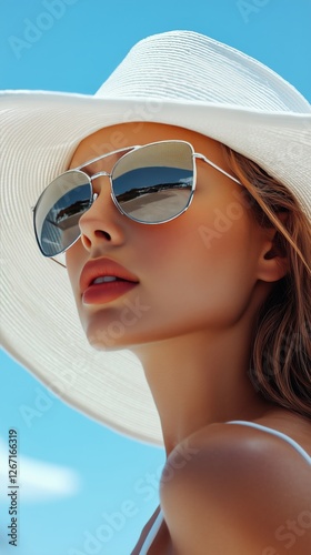 Woman enjoying a sunny day at the beach wearing a wide-brimmed hat and sungla...