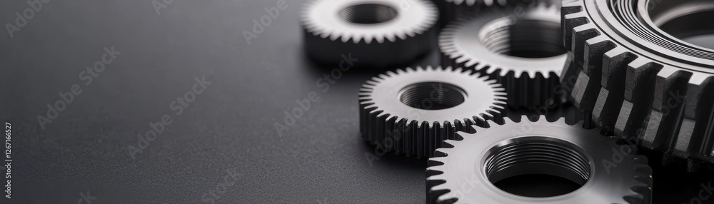 Close-Up View of Metal Gears Displayed on a Dark Surface for Industrial and Mechanical Concepts Close-Up View of Metal Gears Displayed on a Dark Surface for Industrial and Mechanical Concepts