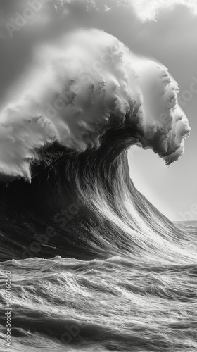 Powerful ocean wave crashing against rocky shoreline under cloudy sky