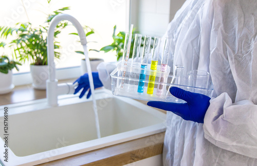 Tap water samples for analysis. Selective focus.