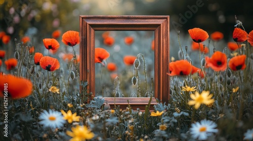 Fototapeta Naklejka Na Ścianę i Meble -  Wooden picture frame stands in field of poppies and daisies