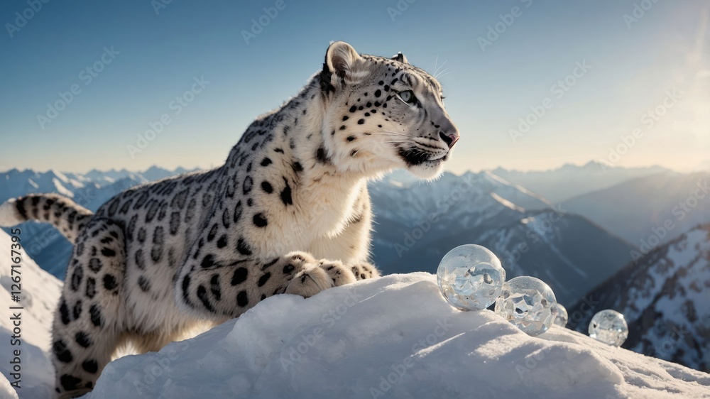 A snow leopard poised on a snowy peak, surrounded by crystal orbs against a mountain backdrop. A snow leopard poised on a snowy peak, surrounded by crystal orbs against a mountain backdrop.