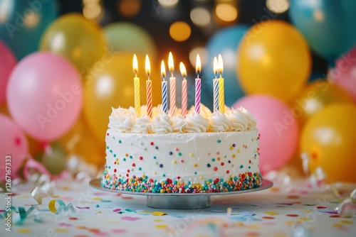 Colorful birthday cake with candles surrounded by balloons in celebration