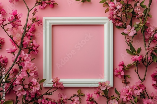 White frame surrounded by blooming pink cherry blossoms on a light pink backg...