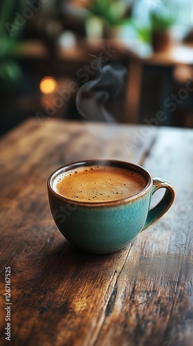 Warm cup of coffee placed on wooden table in cozy cafe setting during morning