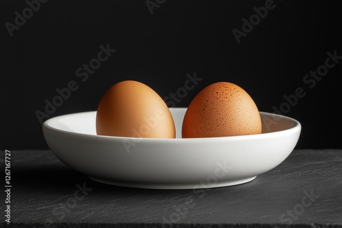 Two brown eggs in a white bowl placed on a dark surface in a cozy kitchen set...