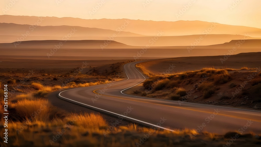 Desert highway sunset, winding road, travel Desert highway sunset, winding road, travel