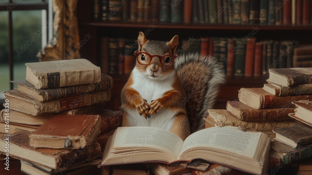 Smart Curious Squirrel in library. Study concept. Cute humanic animal in uncommonsurreal landscape. Dreamy background concept Smart Curious Squirrel in library. Study concept. Cute humanic animal in uncommonsurreal landscape. Dreamy background concept
