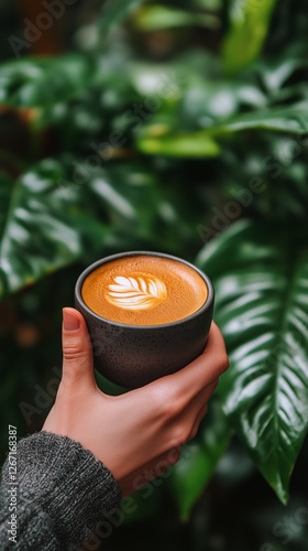 Warm cup of coffee with beautiful latte art held against lush green foliage