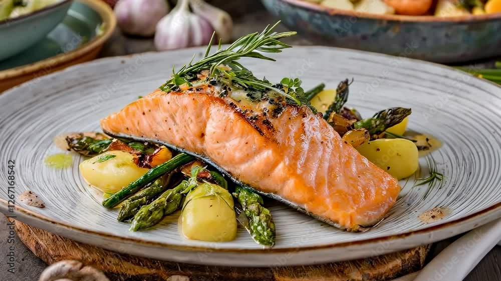Delicious grilled salmon fillet served with roasted asparagus, potatoes, and a sprig of rosemary. Delicious grilled salmon fillet served with roasted asparagus, potatoes, and a sprig of rosemary.