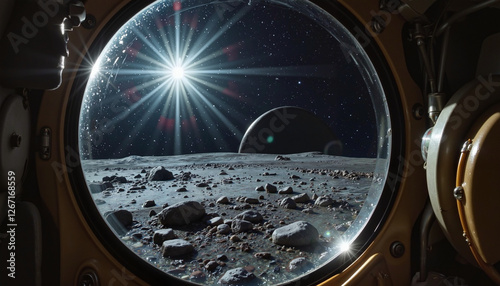 Space view from a spacecraft window looking at a celestial landscape