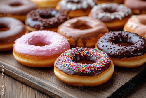 Colorful assortment of donuts with various toppings on a wooden surface