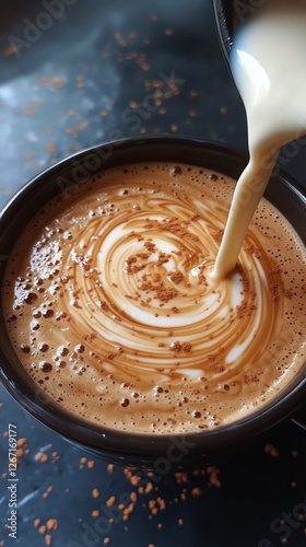 Cream is poured into coffee creating a beautiful swirl pattern in a cozy cafe...