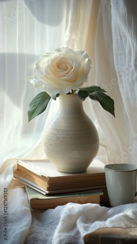 Delicate white rose in a vase on stacked books beside a small cup in natural ...