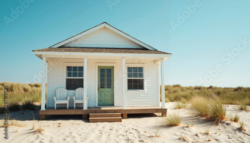 Coastal house against sandy beach and blue sky