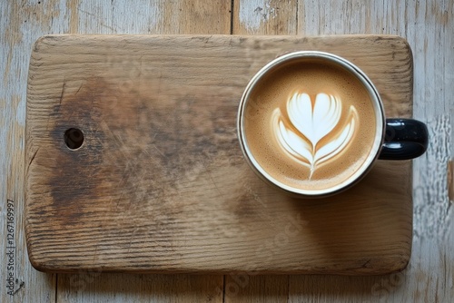 Delicious latte art served in a ceramic cup on a rustic wooden board