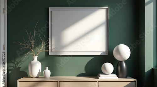 Minimalist interior, dark green wall, white canvas frame, Mockup frame in interior background,