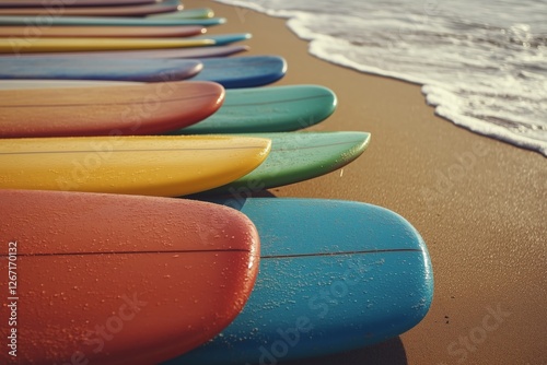 Colorful surfboards lined along the sandy beach at sunset near the ocean waves