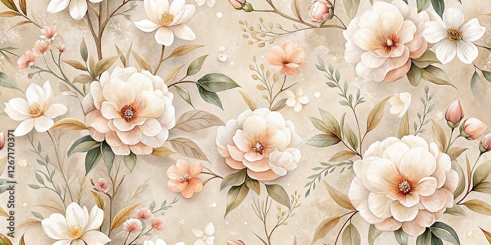 Fototapeta Elegant Peach & White Floral Spring Pattern - Beige Background Stock Photo