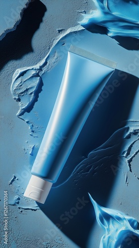 Bright blue cream tube on textured blue surface with vibrant design elements