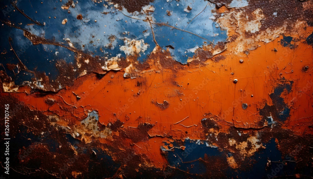 Fototapeta premium A close-up grunge texture focusing on chipped paint edges and small rust particles background
