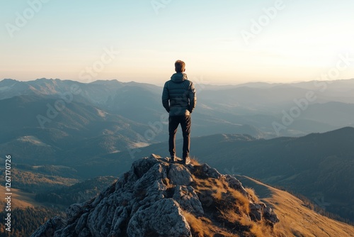 Man stands on mountain peak enjoying sunset view over vast landscape