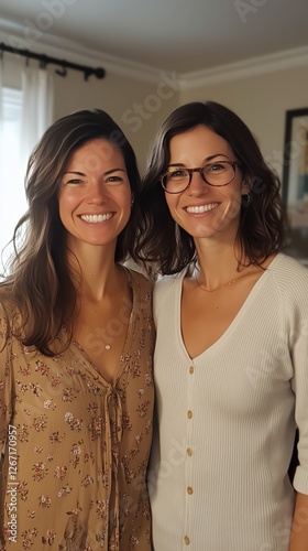 Friends smiling joyfully together at a sunny neighborhood home in summer