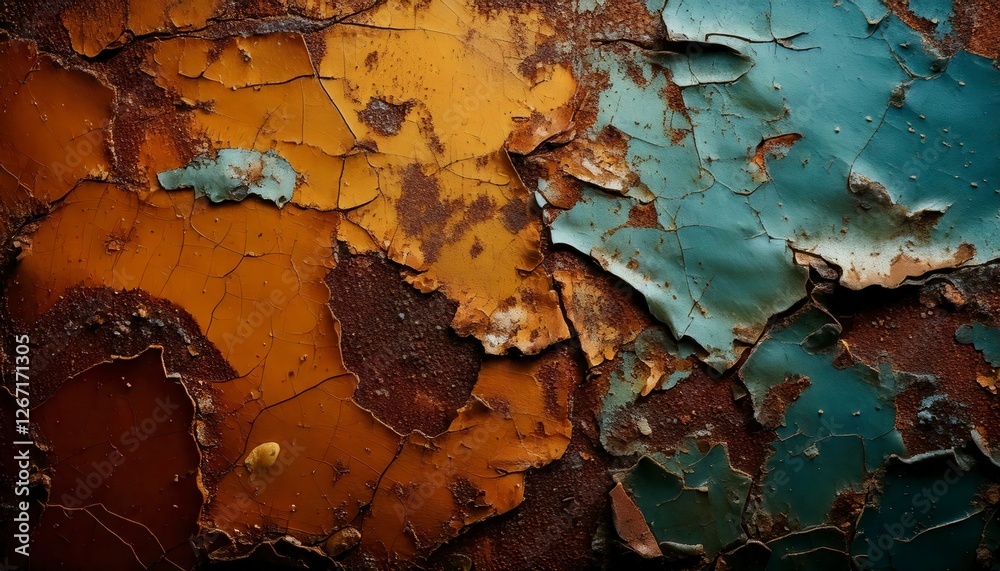 Obraz premium A close-up grunge texture focusing on chipped paint edges and small rust particles background