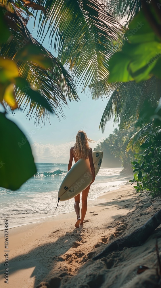 Obraz premium Surfer girl walking along the beach with surfboard on a sunny day
