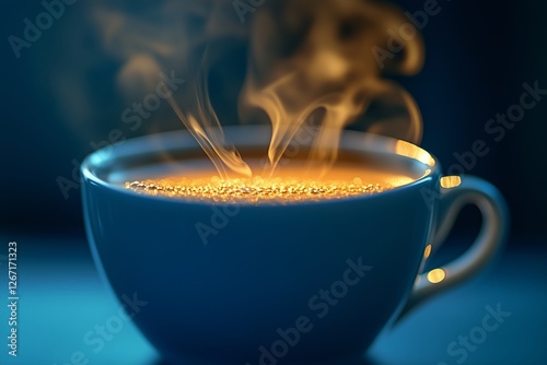 Warm cup of steaming beverage with cozy atmosphere in a tranquil setting