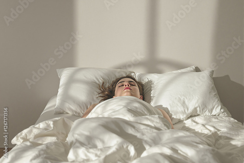 Elegant Minimalist Insomnia Portrait in a Softly Lit Bedroom photo