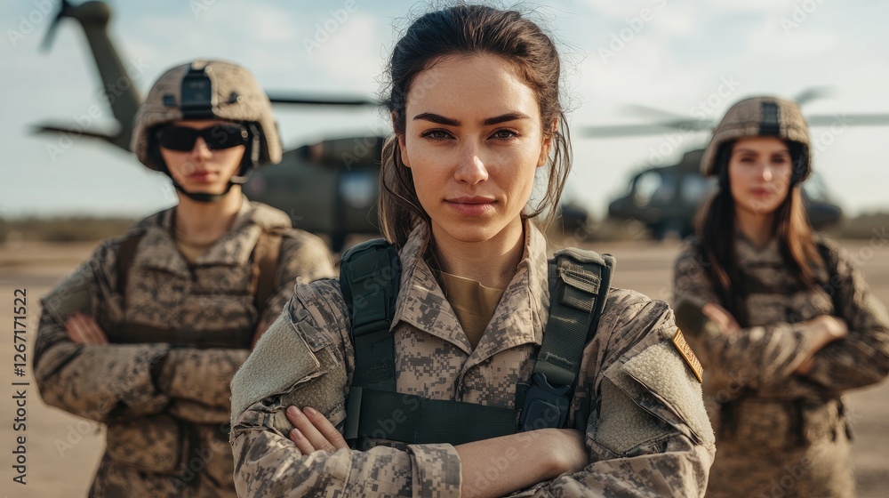 Fototapeta premium Confident female soldier, two colleagues, helicopters, airfield. Military teamwork
