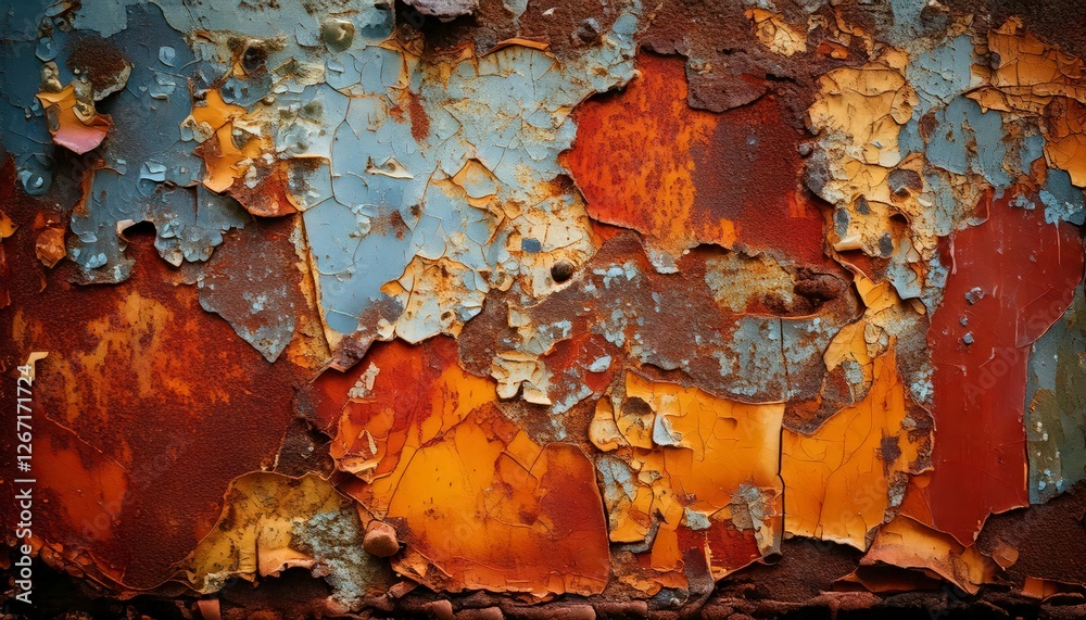 Fototapeta premium A close-up grunge texture focusing on chipped paint edges and small rust particles background