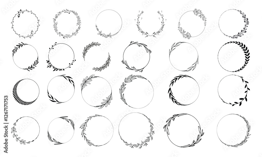 Obraz premium Hand drawn floral frames. Vector wedding design. Ornate wreaths with leaves and flowers.