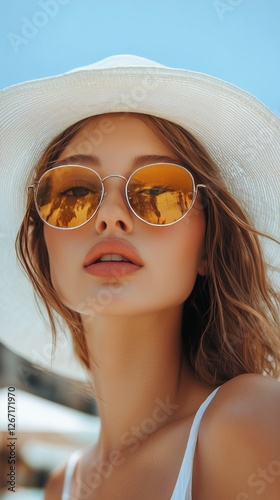 Woman enjoying a sunny day at the beach wearing a wide-brimmed hat and sungla...