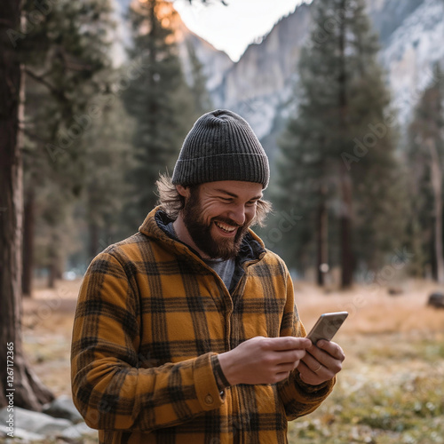 Smiling bearded man in a plaid jacket using a smartphone in a forested mountain setting