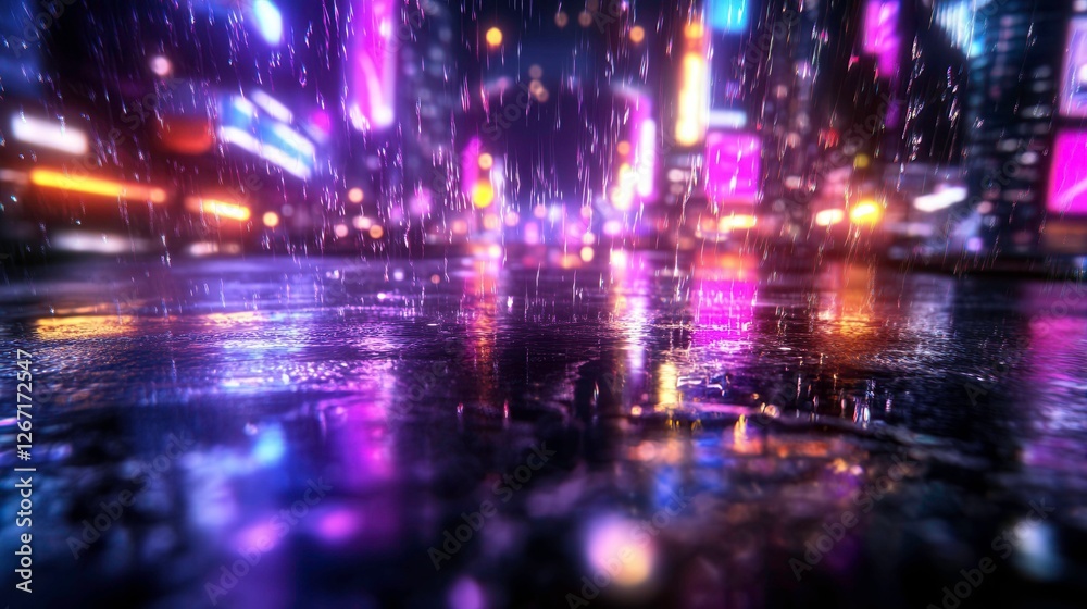 Fototapeta premium Vibrant Neon Reflections in a Cyberpunk City Street at Night