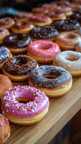 Colorful assortment of donuts arranged on a wooden table for a delightful treat
